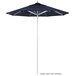 A close-up of a black California Umbrella with a blue Sunbrella canopy.