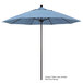 A blue California Umbrella with a wooden pole.