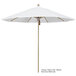 A white California Umbrella with a wooden pole.