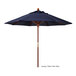 A California Umbrella with a navy blue Sunbrella canopy and wooden pole.