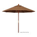 A close-up of a California Umbrella Grove 9' round brown umbrella with a hardwood pole.