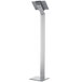 A silver Durable metal tablet stand holding a grey and black tablet on a white background.