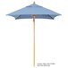 A blue California Umbrella with a wooden pole on a white background.