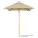 A California Umbrella Sierra Sunbrella umbrella with a beige canopy and a wooden pole.
