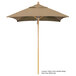 A brown California Umbrella with a Sunbrella tan canopy and wooden pole.