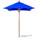 A blue California Umbrella with a Sierra Sunbrella canopy and a wooden pole.