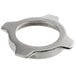 A silver metal retaining ring with a hole in the center.