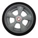 A close up of a Magliner hand truck wheel with a black rim and red spokes.