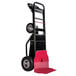 A black and red Magliner motorized hand truck with foam filled wheels.