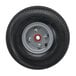 A black Magliner hand truck wheel with a silver rim and white tire.