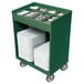 A green Cambro tray and silverware cart with utensils and forks.