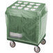 A green Cambro tray and silverware cart with a green vinyl cover.