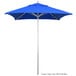 A blue California Umbrella with a metal pole on a white background.