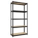 A black metal Hirsh Industries boltless shelving unit with four shelves.