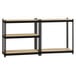 A black metal Hirsh boltless shelving unit with particleboard decking.