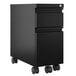 A black Hirsh Industries mobile filing cabinet with wheels.