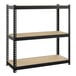 A black metal Hirsh Industries boltless shelving unit with three shelves.