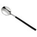 A Reserve by Libbey stainless steel round bowl soup spoon with a black handle.