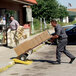 A person pushing a Magliner hand truck with boxes.