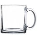 A case of 12 clear glass Libbey warm beverage mugs with handles.