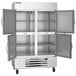 A Beverage-Air Horizon Series bottom mounted half-door reach-in freezer with two open doors.