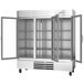 A Beverage-Air Vista Series three section glass door reach-in freezer.