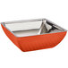 A Bon Chef square orange bowl with a silver rim and diamond pattern.