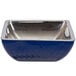 A Bon Chef cobalt blue square bowl with silver trim.