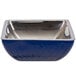 A Bon Chef cobalt blue square bowl with a metal rim.