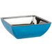 A Bon Chef Caribbean Blue square bowl with a silver rim.