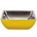 A yellow square bowl with silver trim and a metal handle.