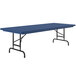 A blue rectangular Correll folding table with black legs.