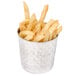 A container of french fries in a stainless steel hammered metal cup.