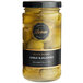 A jar of Belosa Jalapeno & Garlic Stuffed Queen Olives in liquid with a label.