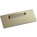 A gold metal rectangular name badge with a metal clip.