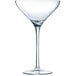 A clear wine glass with a long stem.