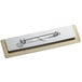 A white and gold Cawley metal rectangle nametag with a metal clip.