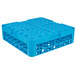 a blue plastic crate with holes