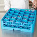 A blue Carlisle glass rack holding clear wine glasses.