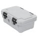 a white plastic box with black handles