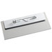 A white rectangular Cawley metal nametag with a metal clip.