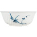 A white melamine bowl with a blue bamboo design.