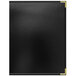 A black leather menu cover with gold corners and trim.