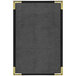 A black leather menu cover with gold trim.