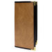 A brown leather menu cover with black trim.