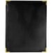 A black leather menu cover with gold corners.