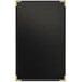 A black leather rectangular menu cover with gold corners.