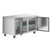 An Avantco stainless steel undercounter refrigerator with two doors open.