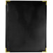 A black leather folder with a white background and gold corners.