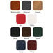 A black square Seville Deluxe menu cover with a customizable 1 view window over a color chart of brown, green, and red leather.